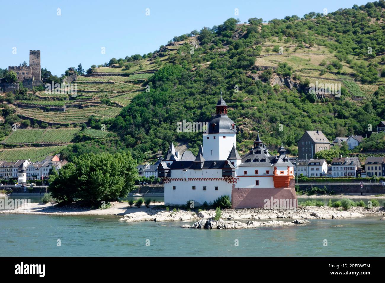 Pfalzgrafenstein Castle with the town of Kaub in the background, Germany Stock Photo
