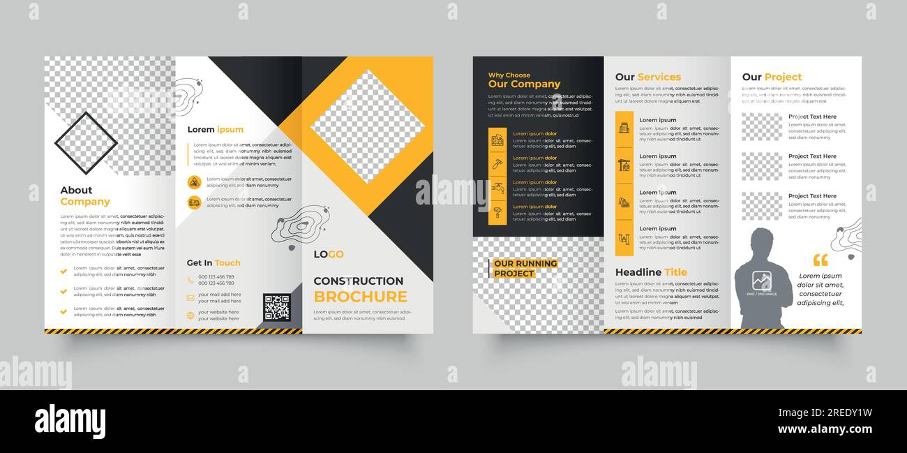 Construction trifold brochure template design, Construction business trifold brochure template, Real estate brochure Stock Vector