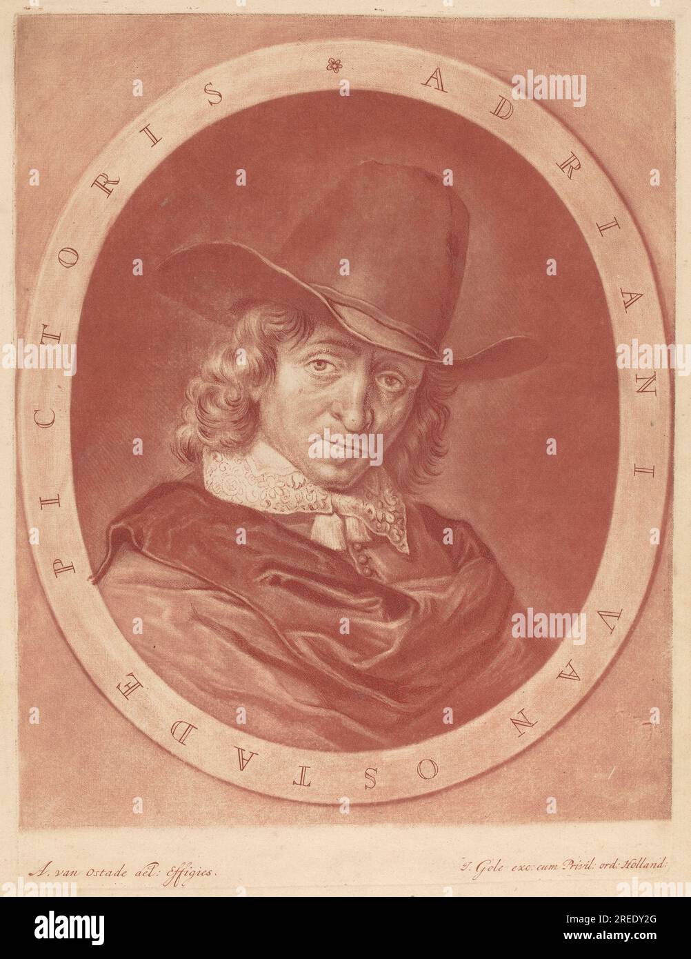 'Jacob Gole after Adriaen van Ostade, Adriaen van Ostade, c. 1700, mezzotint in red on laid paper, plate: 23 x 17.2 cm (9 1/16 x 6 3/4 in.) sheet: 27.2 x 21.5 cm (10 11/16 x 8 7/16 in.), Ailsa Mellon Bruce Fund, 2002.39.2' Stock Photo