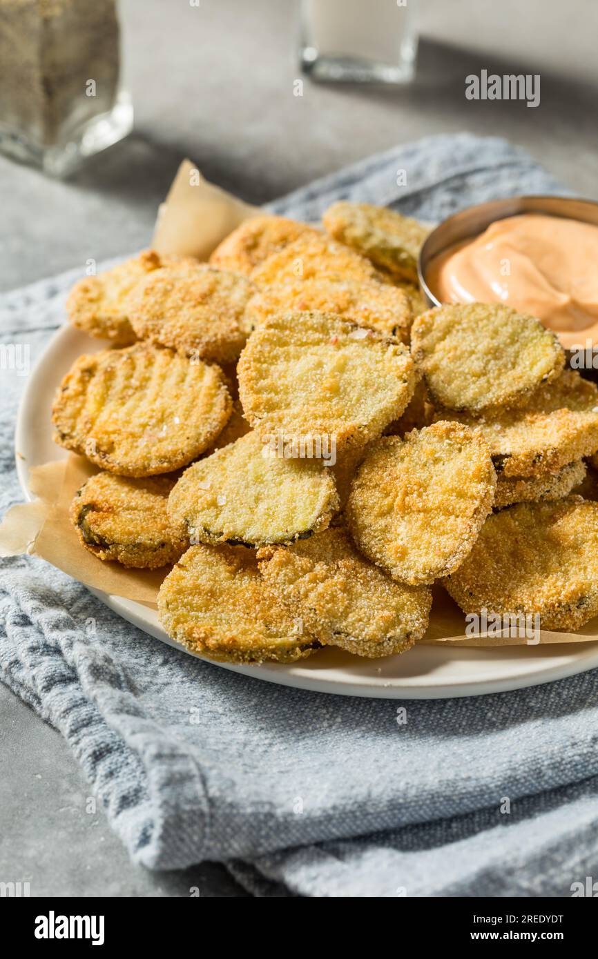 Homemade Deep Fried Pickles with Spicy Mayo Stock Photo Alamy