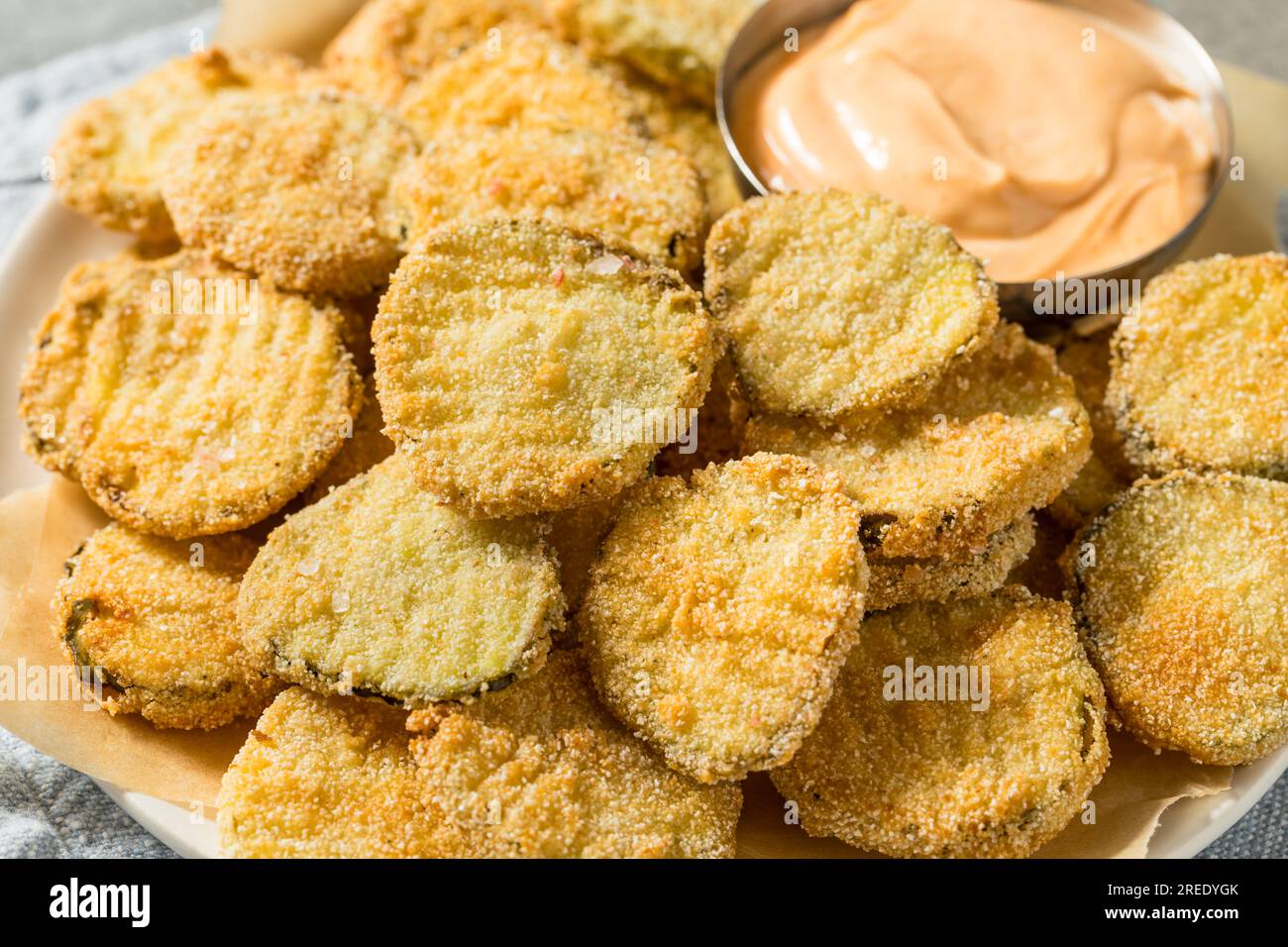 Homemade Deep Fried Pickles with Spicy Mayo Stock Photo Alamy