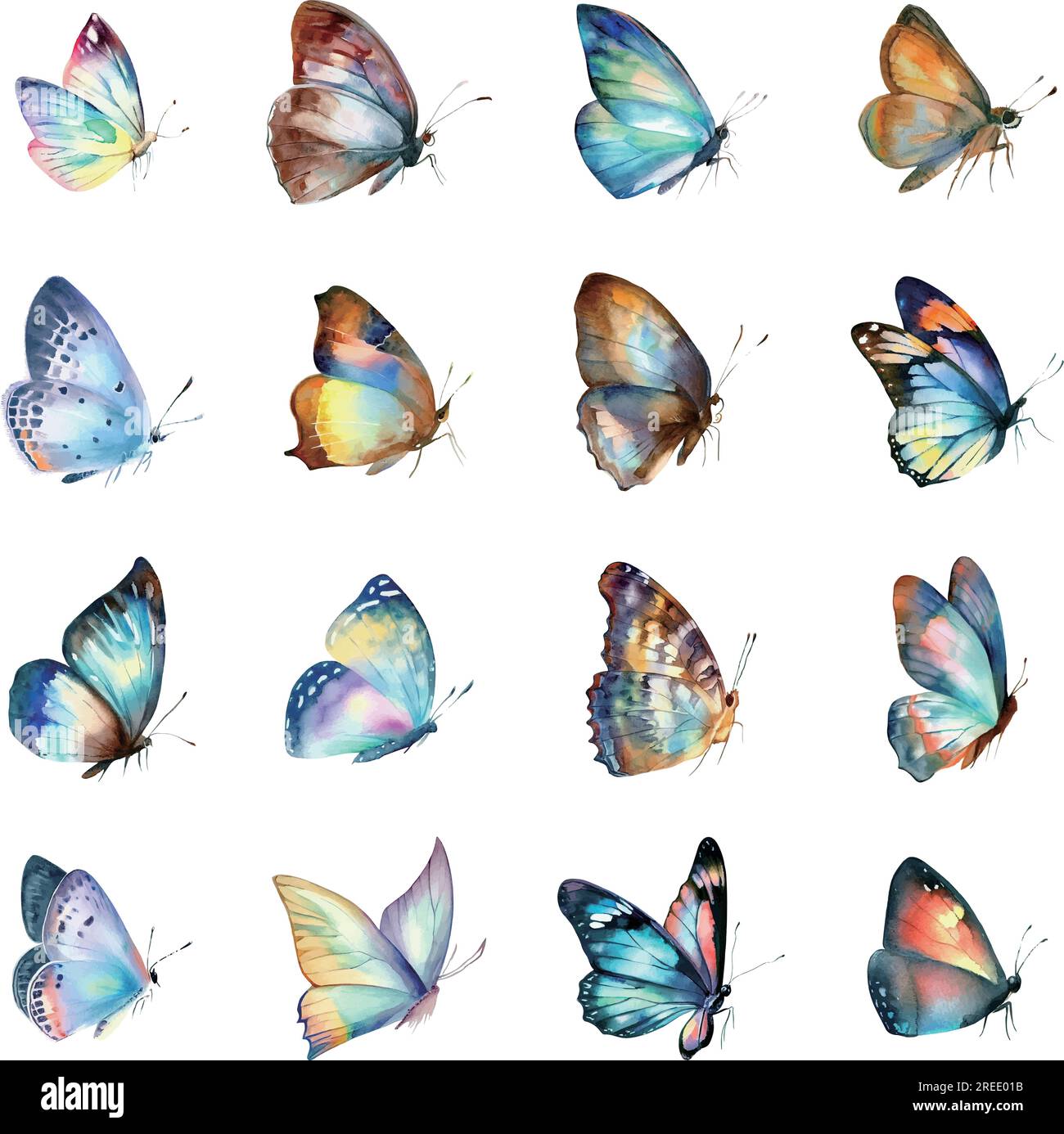 Watercolor butterflies set isolated on white background. Hand drawn ...