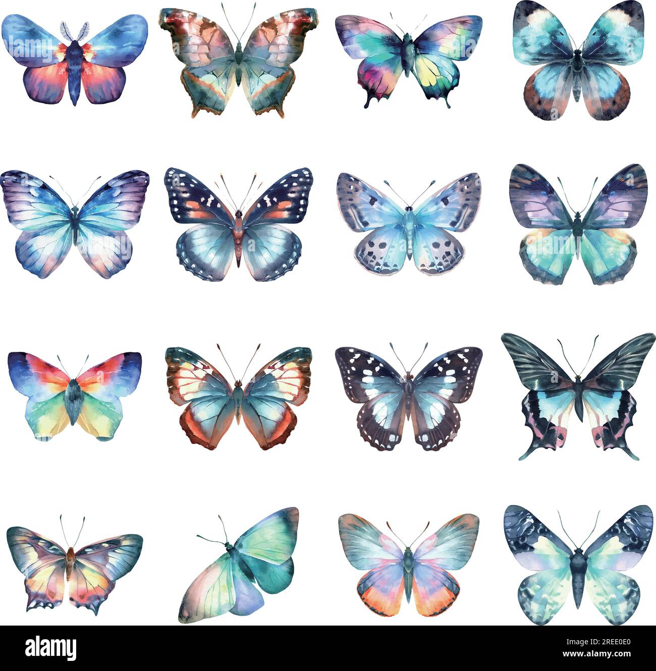 Watercolor butterflies set isolated on white background. Hand drawn ...
