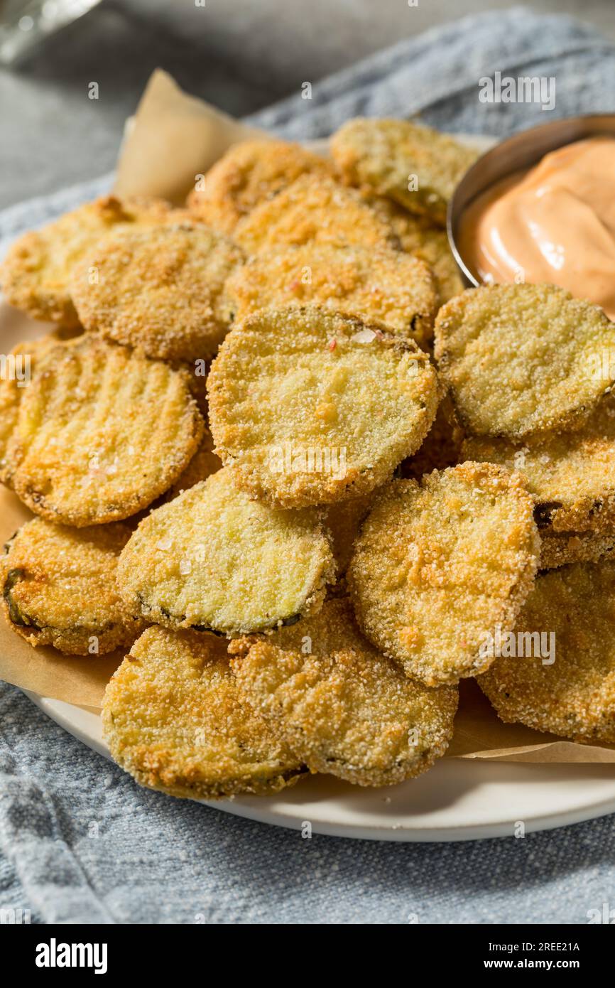 Homemade Deep Fried Pickles with Spicy Mayo Stock Photo Alamy