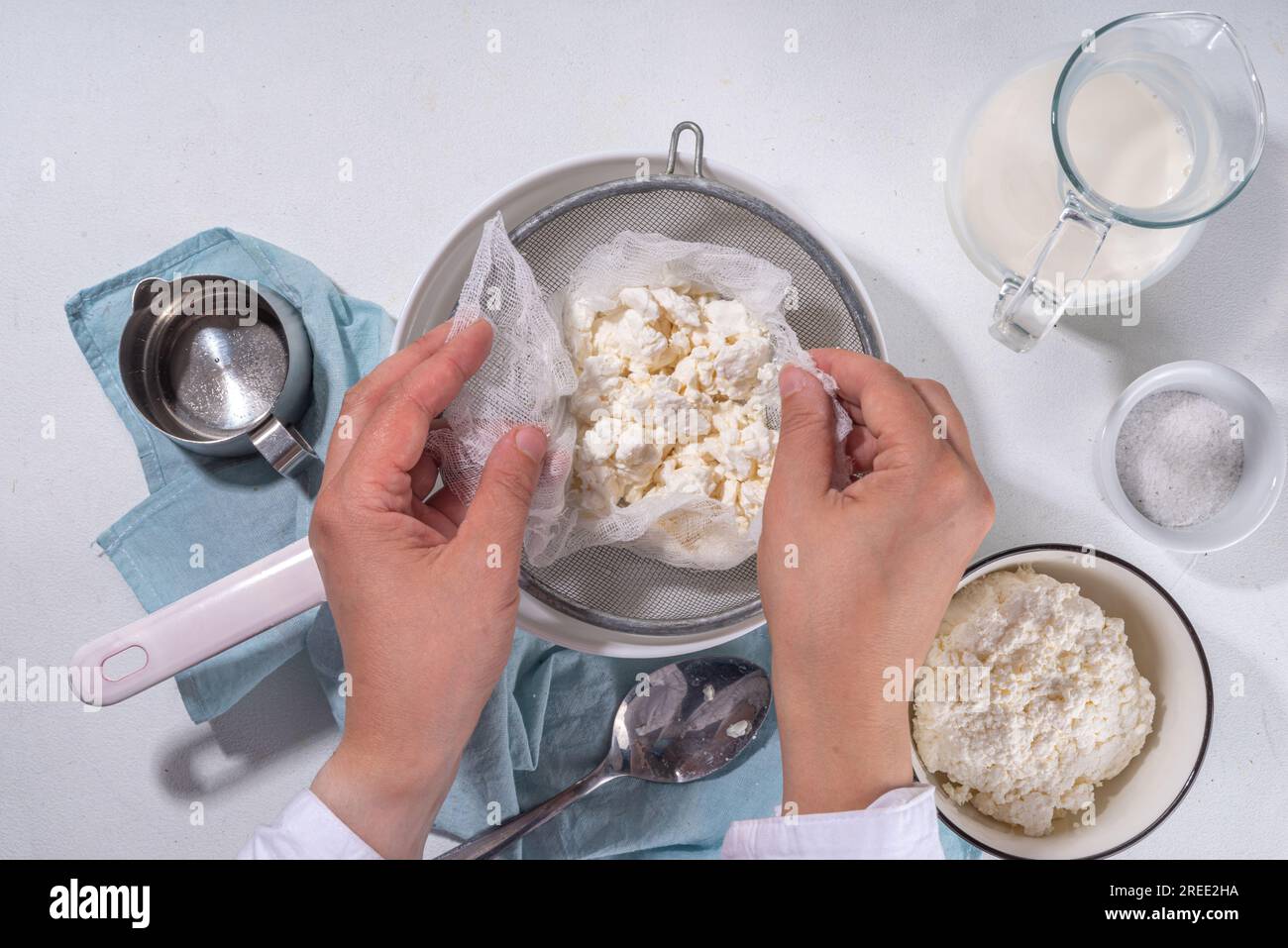 Making cottage cheese, homemade fermenting dairy product. Homemade