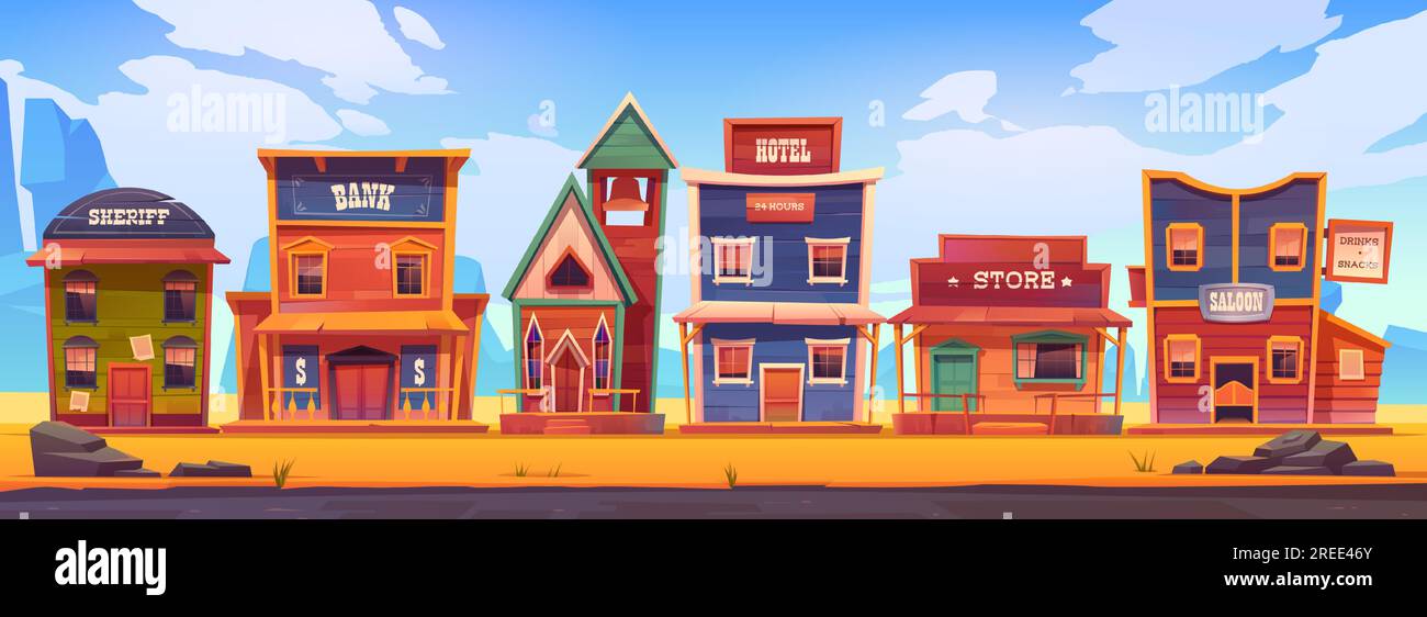 Western town with old wooden buildings. Wild west landscape for game gui. Vector cartoon illustration of wild west city street with catholic church, saloon, sheriff office, bank, hotel and store Stock Vector
