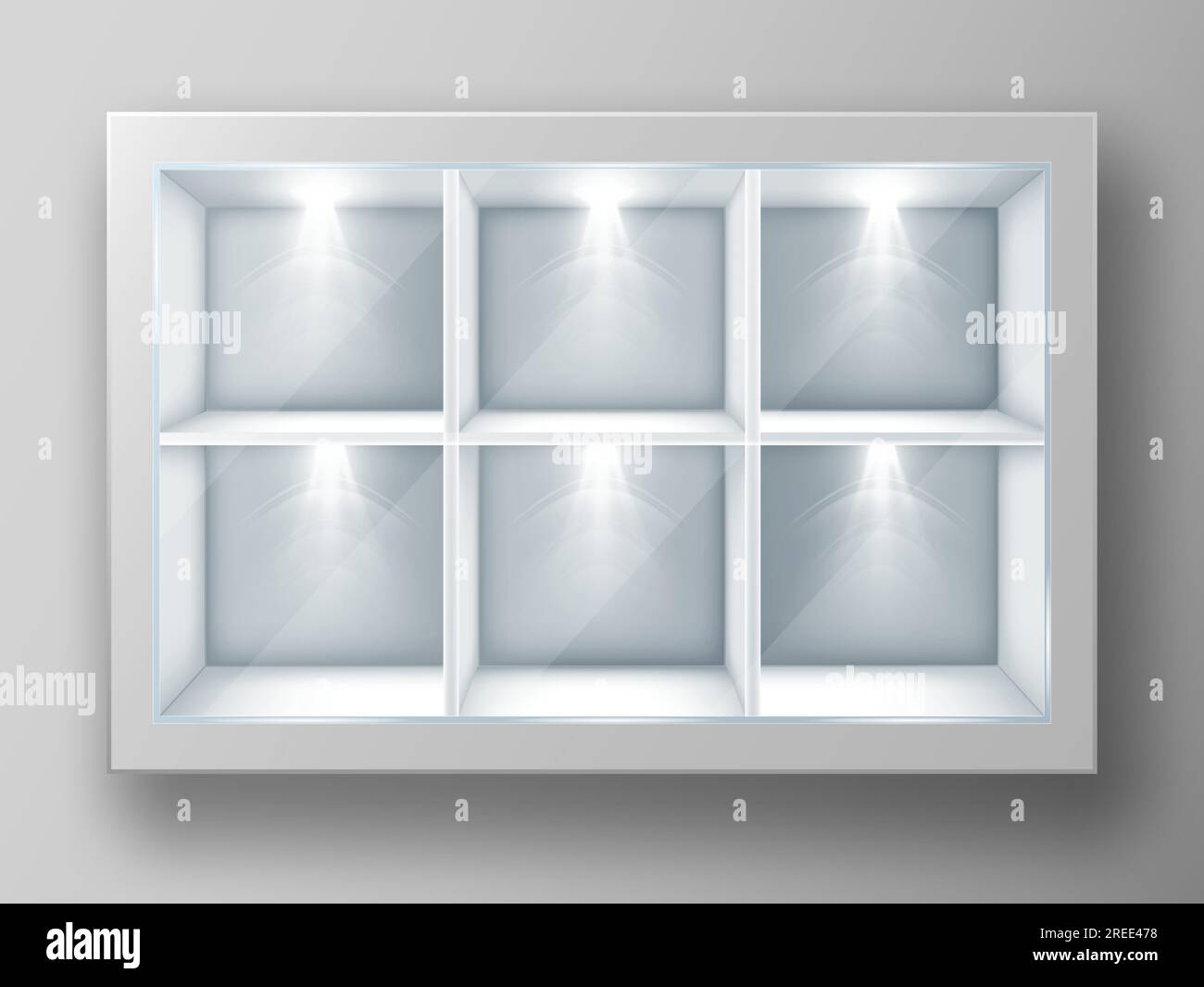 White showcase with square shelves in shop or gallery. Vector realistic mockup of empty glass display stand or bookshelf illuminated by spotlights for advertising or museum exhibition Stock Vector