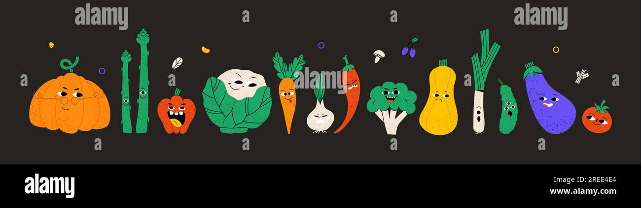 Cute vegetable characters with funny kawaii faces Stock Vector