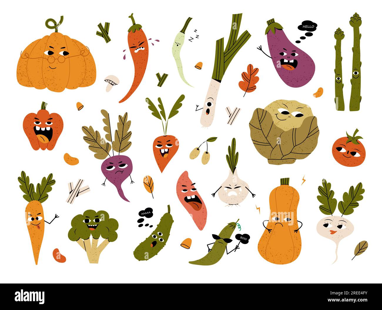 Cute vegetable characters with funny kawaii faces Stock Vector