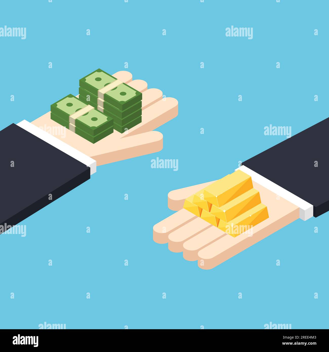 Isometric hands hold money and gold ingots. Stack of shiny gold bars ...