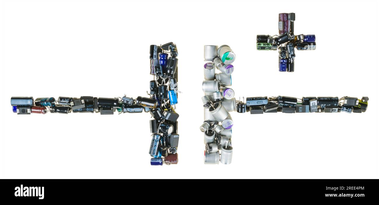 Schematic electronic symbol of polarized capacitor isolated on white background. Pictorial circuit diagram and plus sign icon. Electrolytic capacitors. Stock Photo