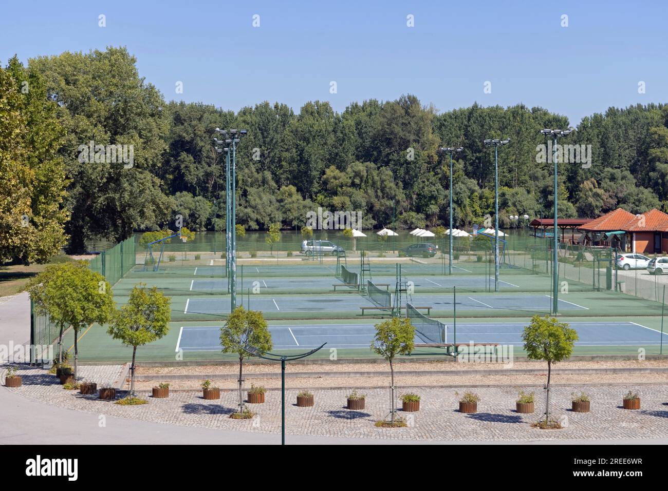 Belgrade, Serbia - September 11, 2021: Tennis Court Marina Oasa Grocka Hotel Garni at Danube River. Stock Photo