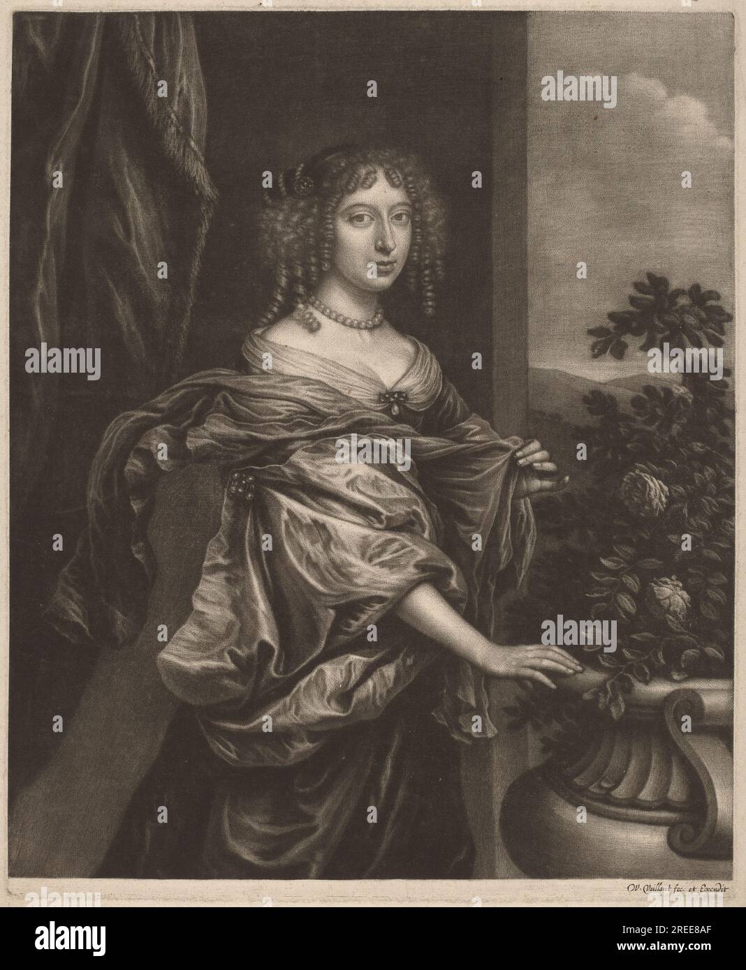 'Wallerant Vaillant, Portrait of a Lady beside a Rose Bush, c. 1655, mezzotint, plate: 33 x 27 cm (13 x 10 5/8 in.) sheet: 36.8 x 31 cm (14 1/2 x 12 3/16 in.), Ailsa Mellon Bruce Fund, 1983.39.1' Stock Photo