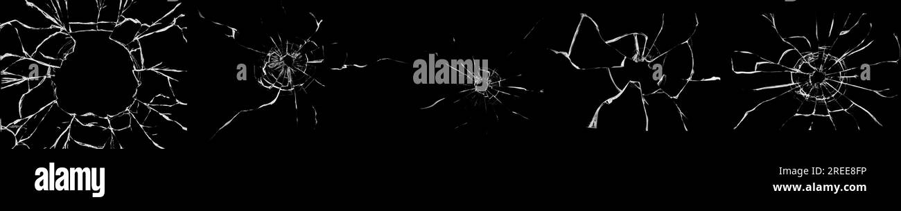 Big collection of cracks of broken glass on black background. Concept of shots on the window for design Stock Photo