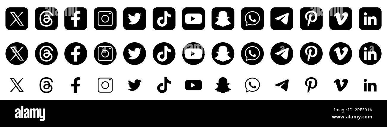 Set of social media icons. Twitter, threads, facebook, instagram,  tiktok, youtube, snapchat and others. Editorial logos isolated on transparent backg Stock Vector