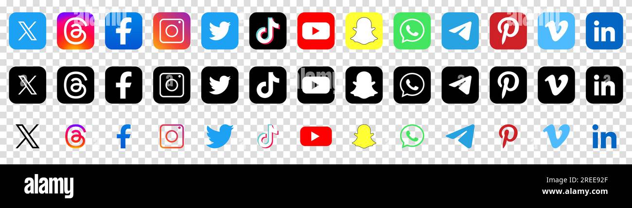 Social media icons. Twitter, threads, facebook, instagram,  tiktok, youtube, snapchat and others. Editorial logos isolated on transparent background Stock Vector