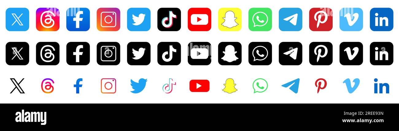 Social media logos. Twitter, threads, facebook, instagram,  tiktok, youtube, snapchat, whatsapp, pinterest, vimeo, linkedin. Editorial icons Stock Vector