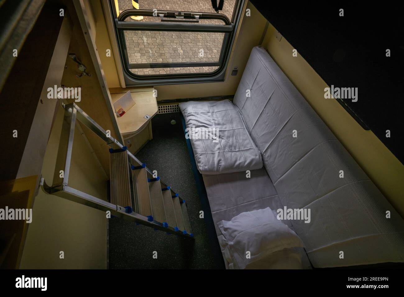 Interior of polish sleeping coach of seasonal night train from Bohumin to Leba and Hel Stock Photo
