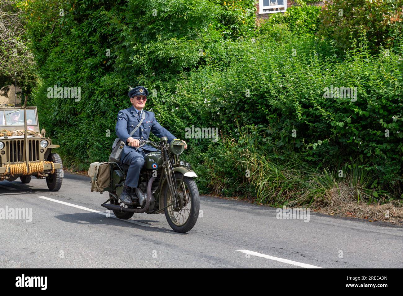 Vintage vehicle at the Southwick Revival in 2023. Military dispatch rider in RAF uniform riding a BSA motorcycle. Stock Photo