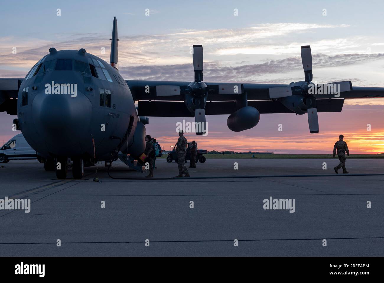 A C-130 Hercules on the flight line, Illinois National Guard on May 29, 2023. U.S. Air National Guard photo by Staff Sgt. Paul Helmig Stock Photo