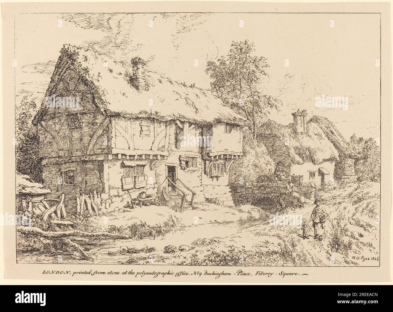 "William Henry Pyne, Old Cottages, 1806, pen-and-tusche lithograph, Rosenwald Collection, 1947.7.124" Stock Photo