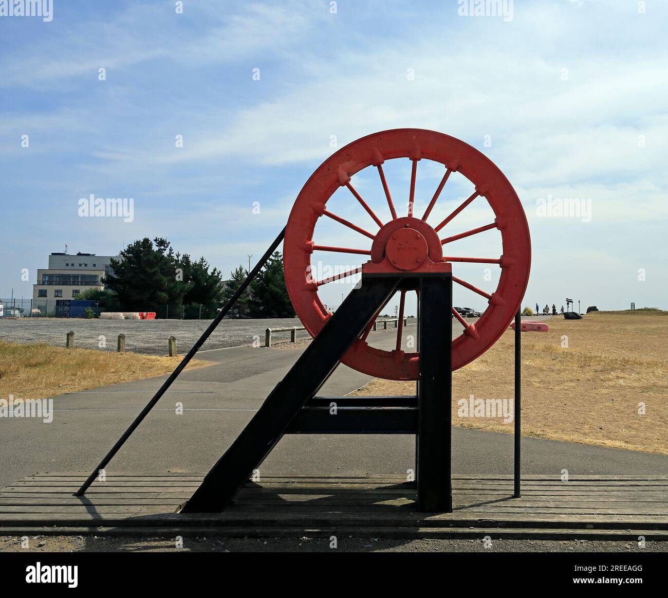 Scaled down reproduction of a pithead winding gear. Sculpture / installation on the Barrage, Cardiff Bay. . June 2023. Summer. Stock Photo