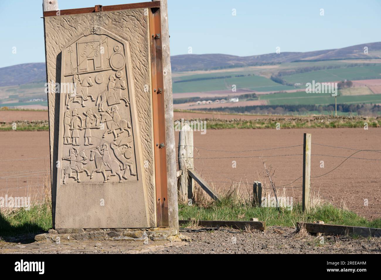 Reproduction of the rear view carving of the Aberlemno Kirkyard Cross Slab Pictish Stone, Aberlemno, Angus, Scotland. Stock Photo