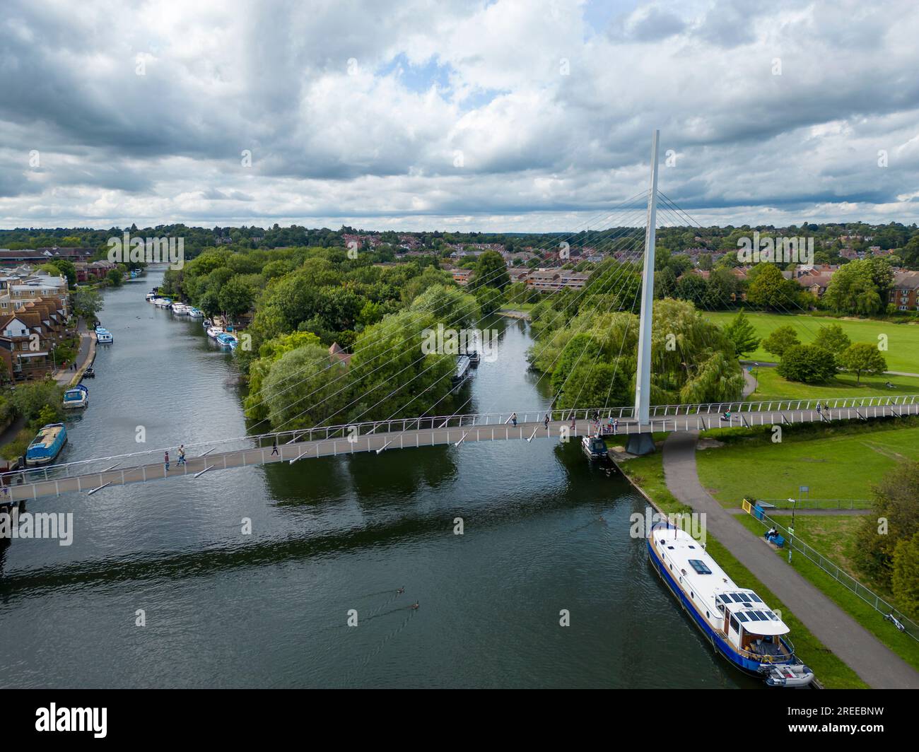 Aerial view of Christchurch pedestrian bridge over the River thames, Reading, Berkshire, England Stock Photo
