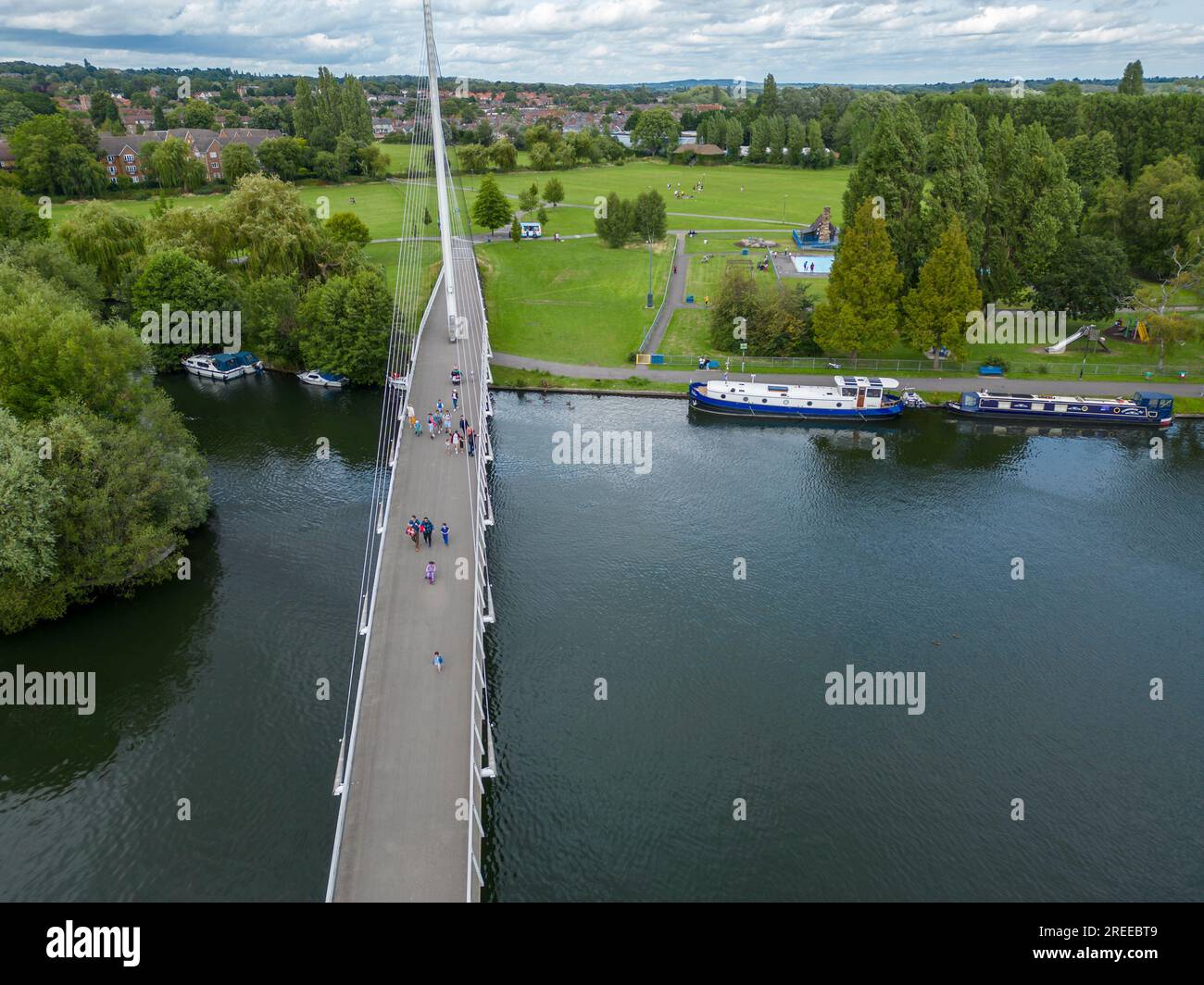 Aerial view of Christchurch pedestrian bridge, River Thames, Reading, Berkshire, England Stock Photo