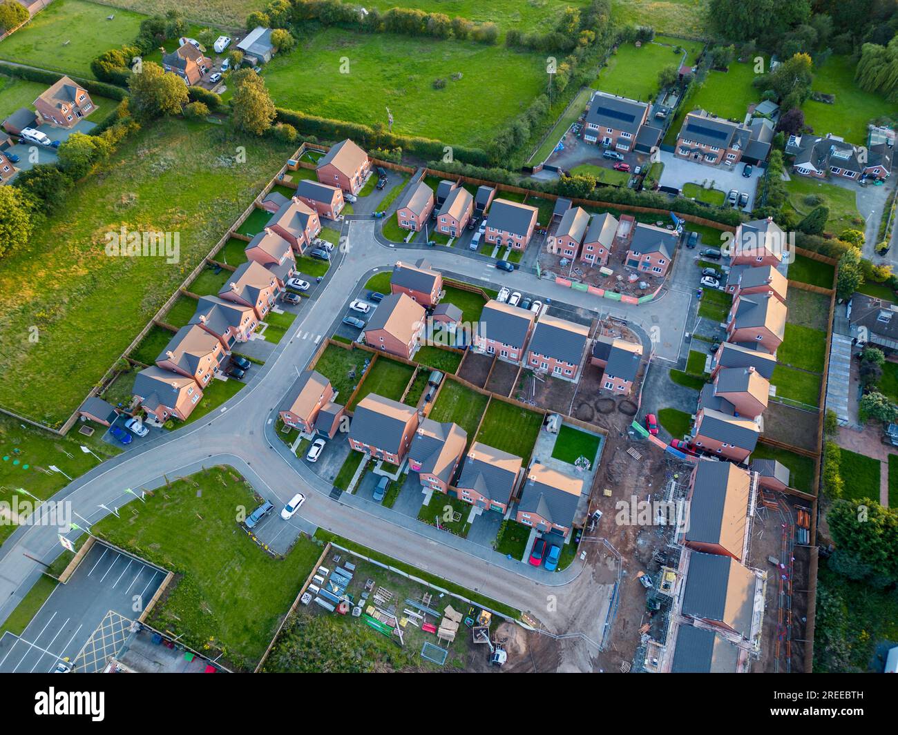 Aerial view of unfinished housing estate, Prees Shropshire, England