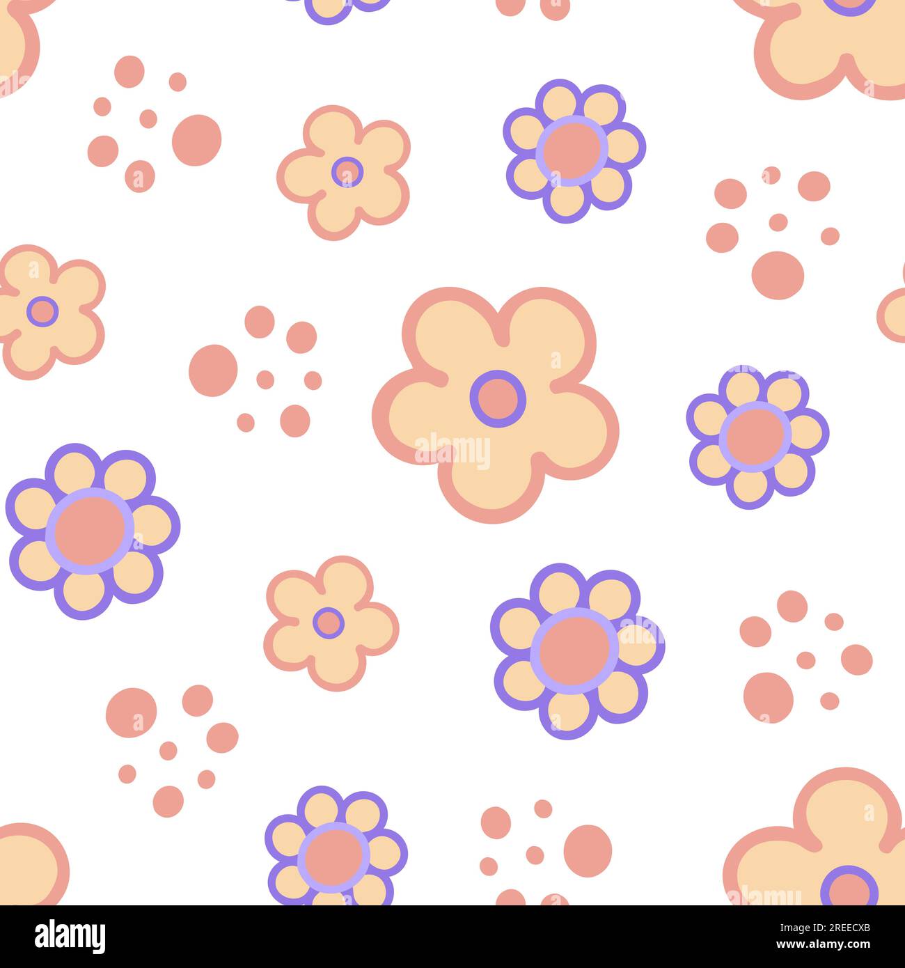 Groovy fancy daisy flower seamless pattern in 60s, 70s, 80s style, floral repeat ornament vector illustration, trendy retro background for surface des Stock Vector