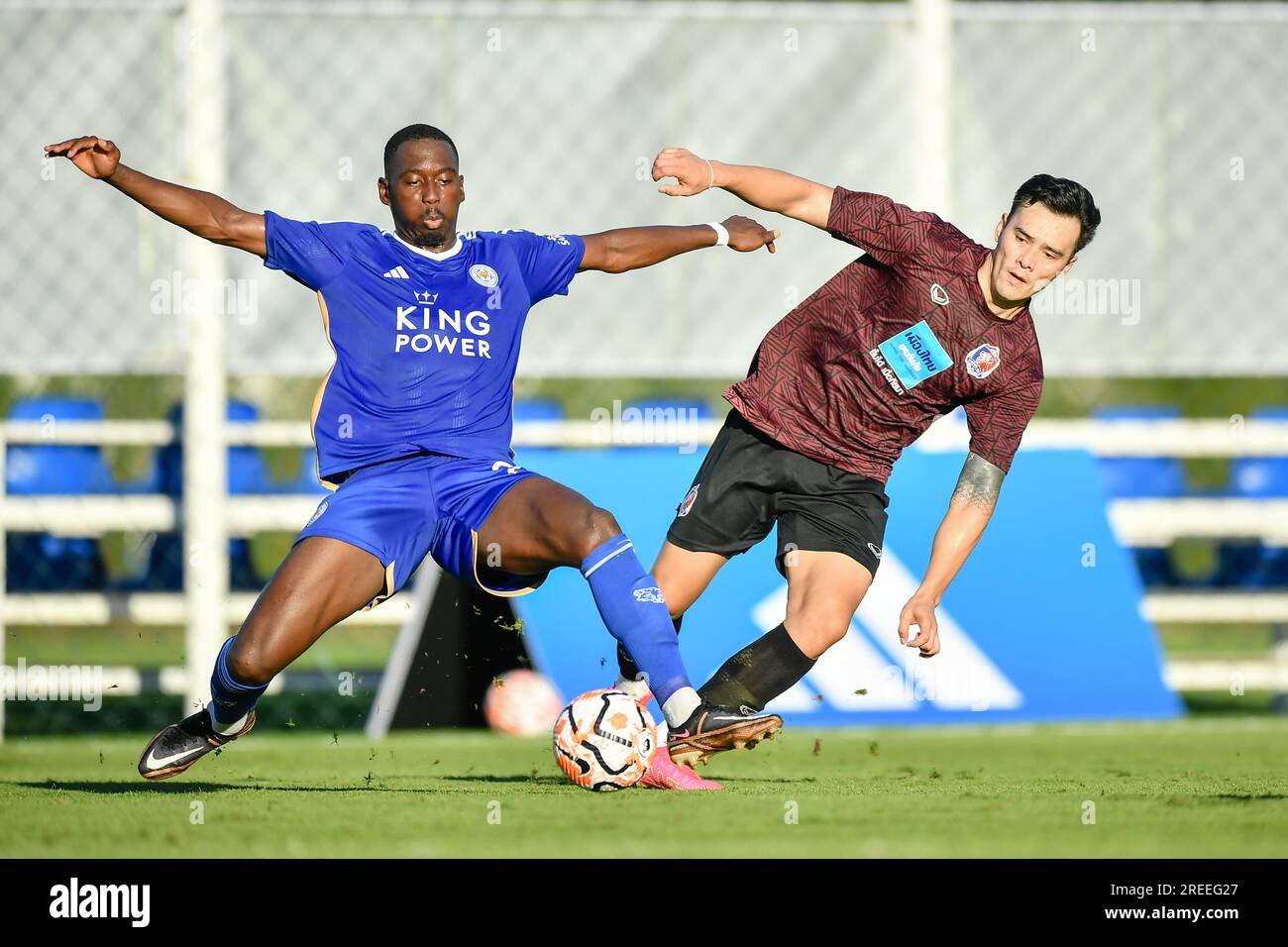 Bangkok, Thailand. 26th July, 2023. Boubakary Soumaré (L) of Leicester City and Chalermsak Aukkee (R) of Port FC seen in action during the training exercise between Leicester City and Port FC at Alpine Football Camp Training. Final score; Leicester City 1:0 Port FC. Credit: SOPA Images Limited/Alamy Live News Stock Photo