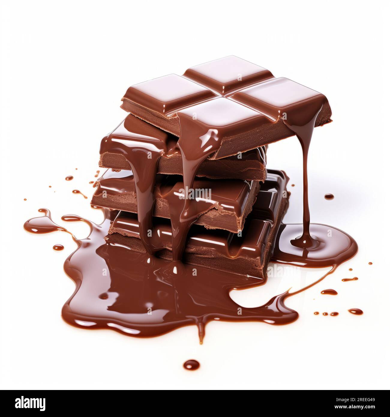 Melted chocolate pouring into a piece of chocolate bars isolated on