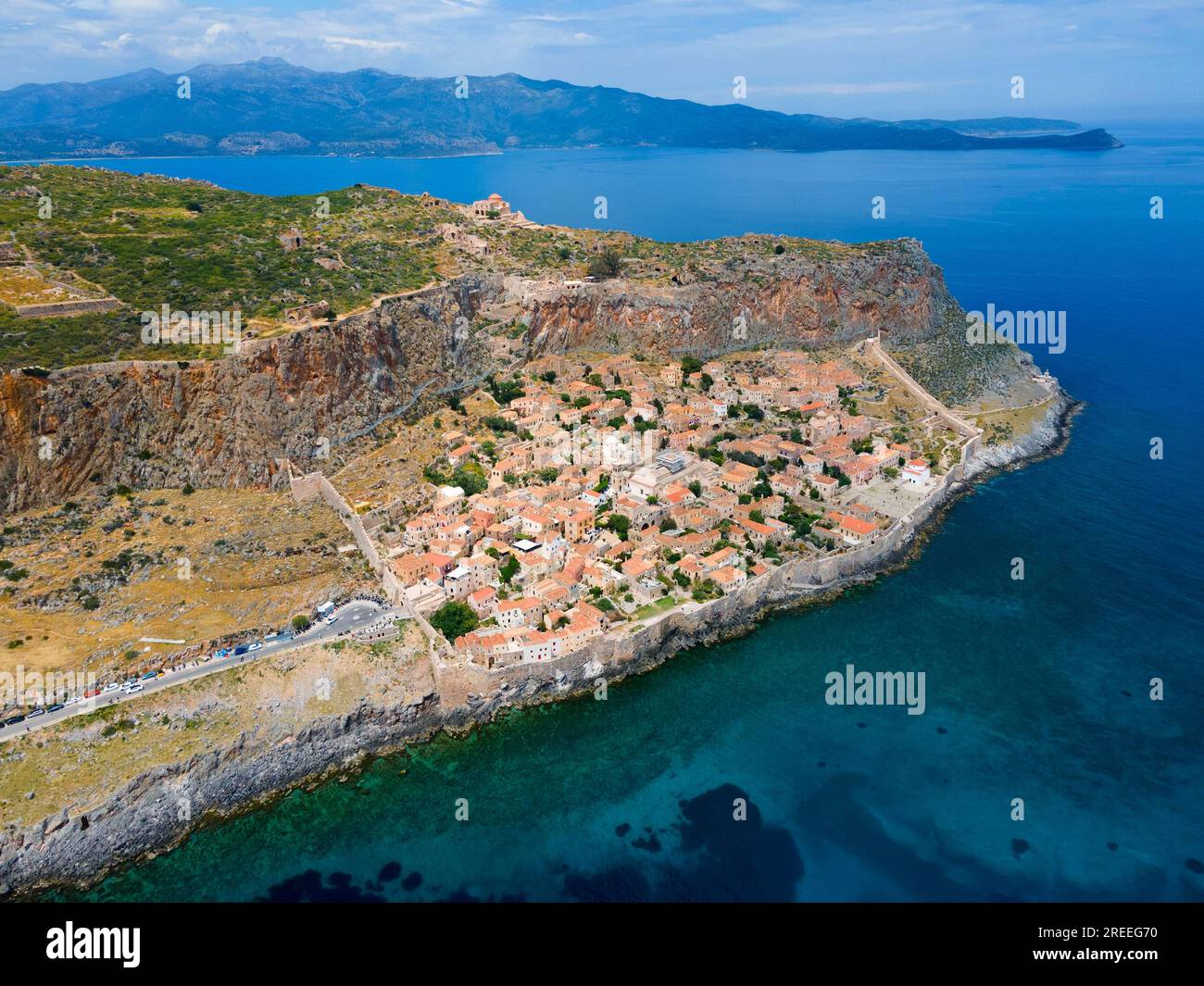 Drone shot, Monemvasia rocks, Monemvassia, Monemwassia, Monembasia,  Laconia, Peloponnese, Greece Stock Photo - Alamy