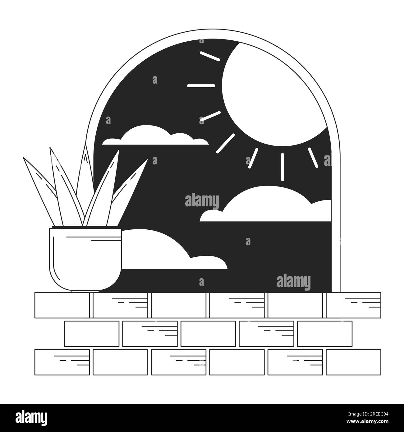 Surreal arch with plant on windowsill bw concept vector spot illustration Stock Vector