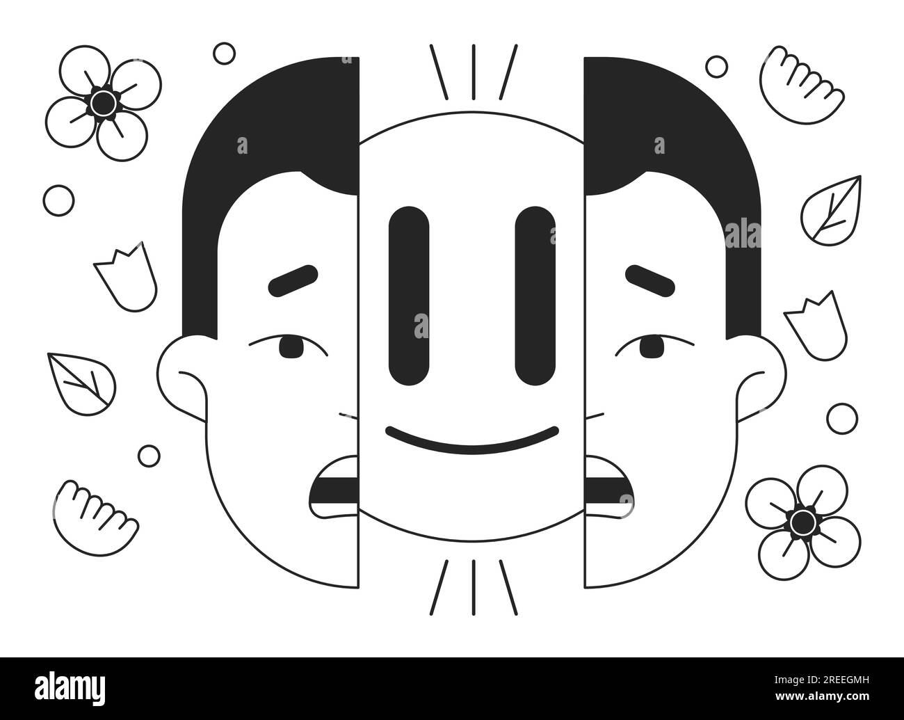 Introvert hiding feelings bw concept vector spot illustration Stock Vector