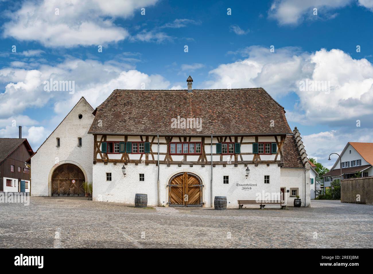 Former farmhands' house, wainwright's workshop, cooperage on the monastery square of the former Benedictine abbey, Rheinau, Andelfingen, Canton Stock Photo