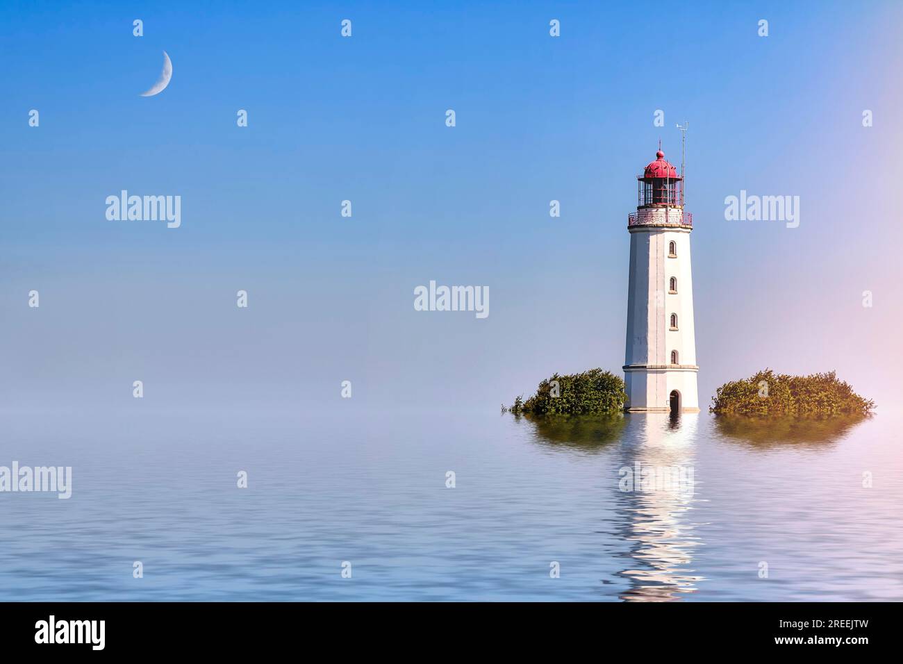 Ocean landscape with lighthouse and moon Stock Photo