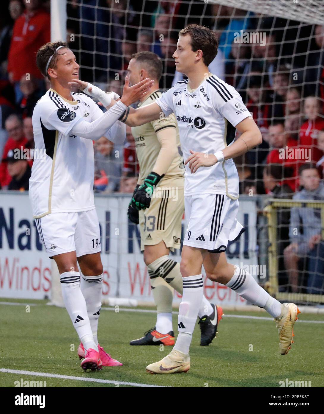 Rosenborg BK's Ole Christian Saeter (right) celebrates scoring their side's second goal of the game during the UEFA Europa Conference League second qualifying round, first leg match at Seaview, Belfast. Picture date: Thursday July 27, 2023. Stock Photo