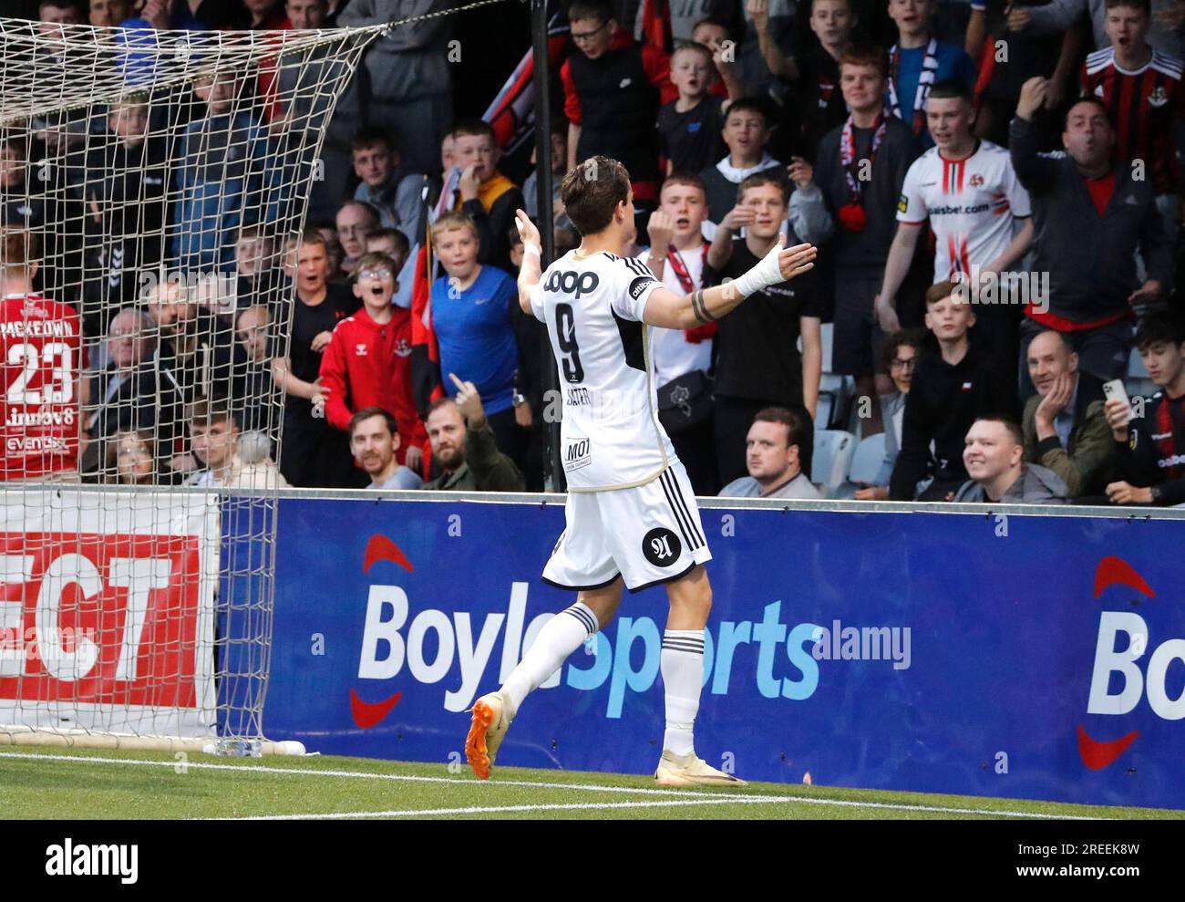 Rosenborg BK's Ole Christian Saeter (right) celebrates scoring their side's second goal of the game during the UEFA Europa Conference League second qualifying round, first leg match at Seaview, Belfast. Picture date: Thursday July 27, 2023. Stock Photo