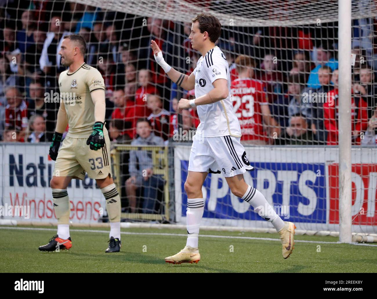 Rosenborg BK's Ole Christian Saeter (right) celebrates scoring their side's second goal of the game during the UEFA Europa Conference League second qualifying round, first leg match at Seaview, Belfast. Picture date: Thursday July 27, 2023. Stock Photo