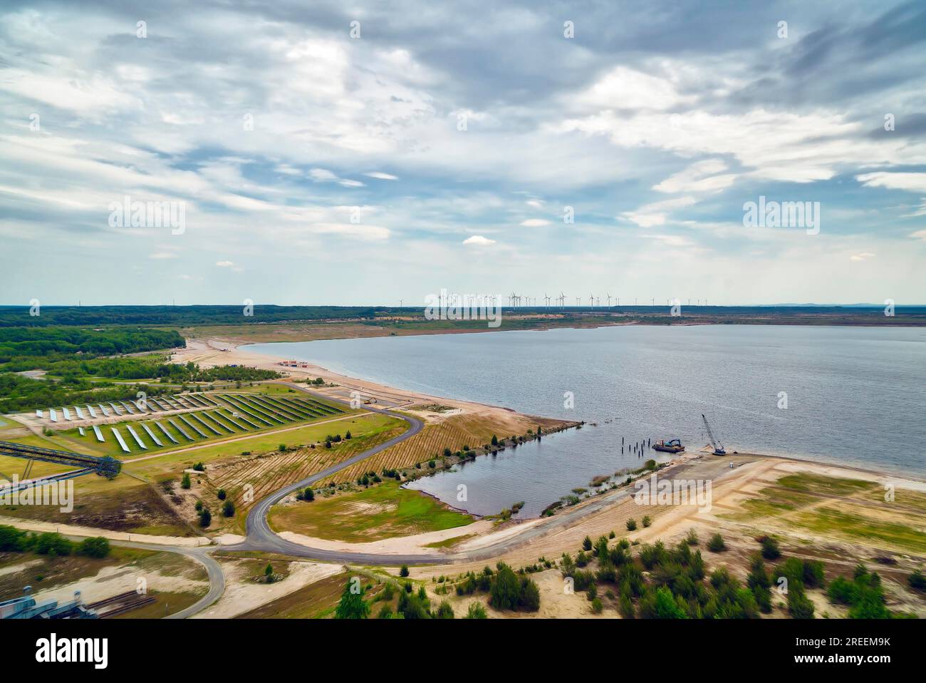 Energy park: lignite, solar power plant and wind turbines Stock Photo