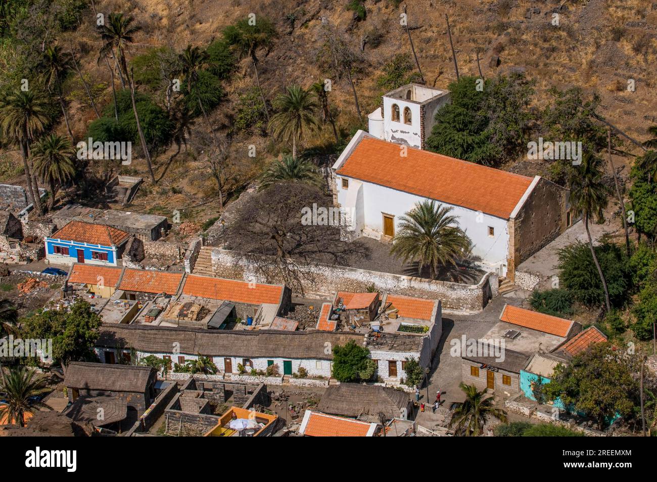 View over city with houses and church. Ciudad Velha. Cidade Velha. Santiago. Cabo Verde. Africa Stock Photo