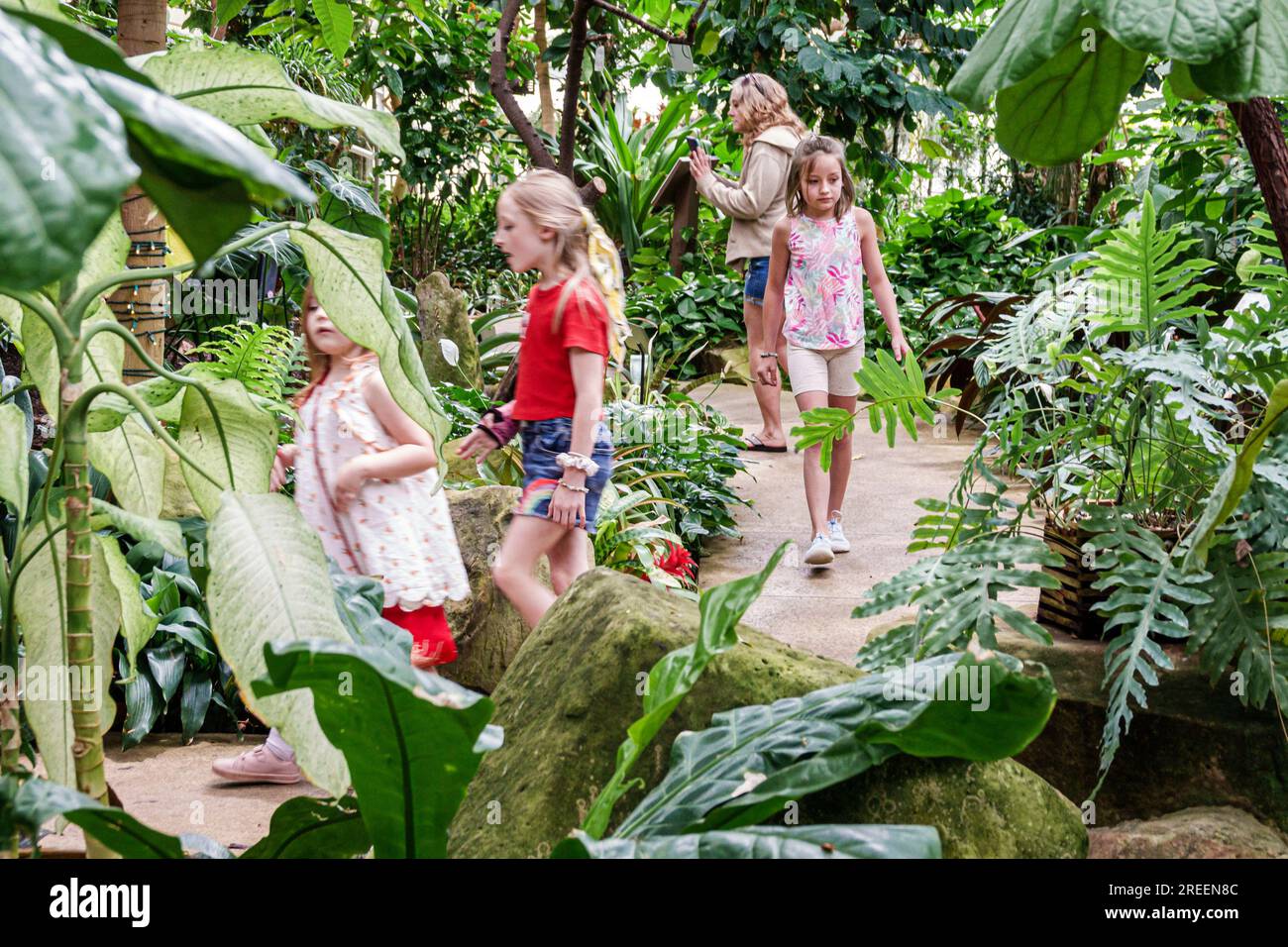 Athens Georgia,University of Georgia State Botanical Garden of Georgia,Visitor Center centre & Conservatory,inside interior indoors,girls sisters sibl Stock Photo