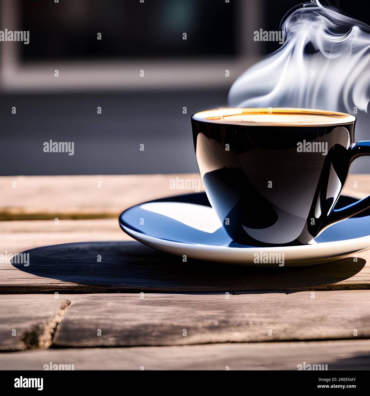 A smoky blue cup on a wooden table in daylight. Stock Photo