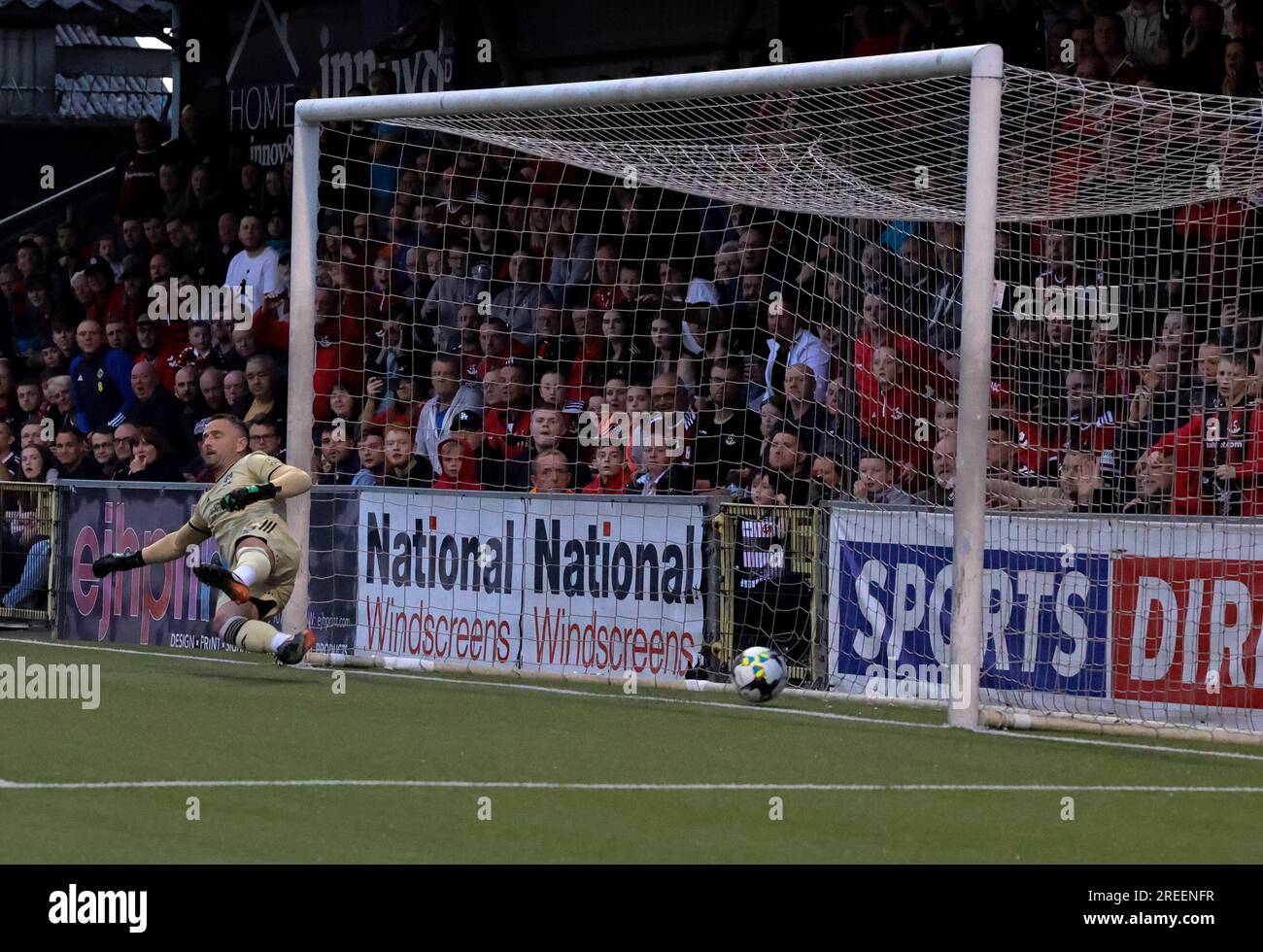 Seaview Stadium, Belfast, Northern Ireland, UK. 27 Jul 2023. UEFA Europa Conference League Qualifying Round Two (first leg) – Crusaders v Rosenborg. Action from tonight's game at Seaview.(Crusaders in red). Rosenborg go 2-1 ahead following a penalty by Ole Saeter (9). Credit: CAZIMB/Alamy Live News. Stock Photo