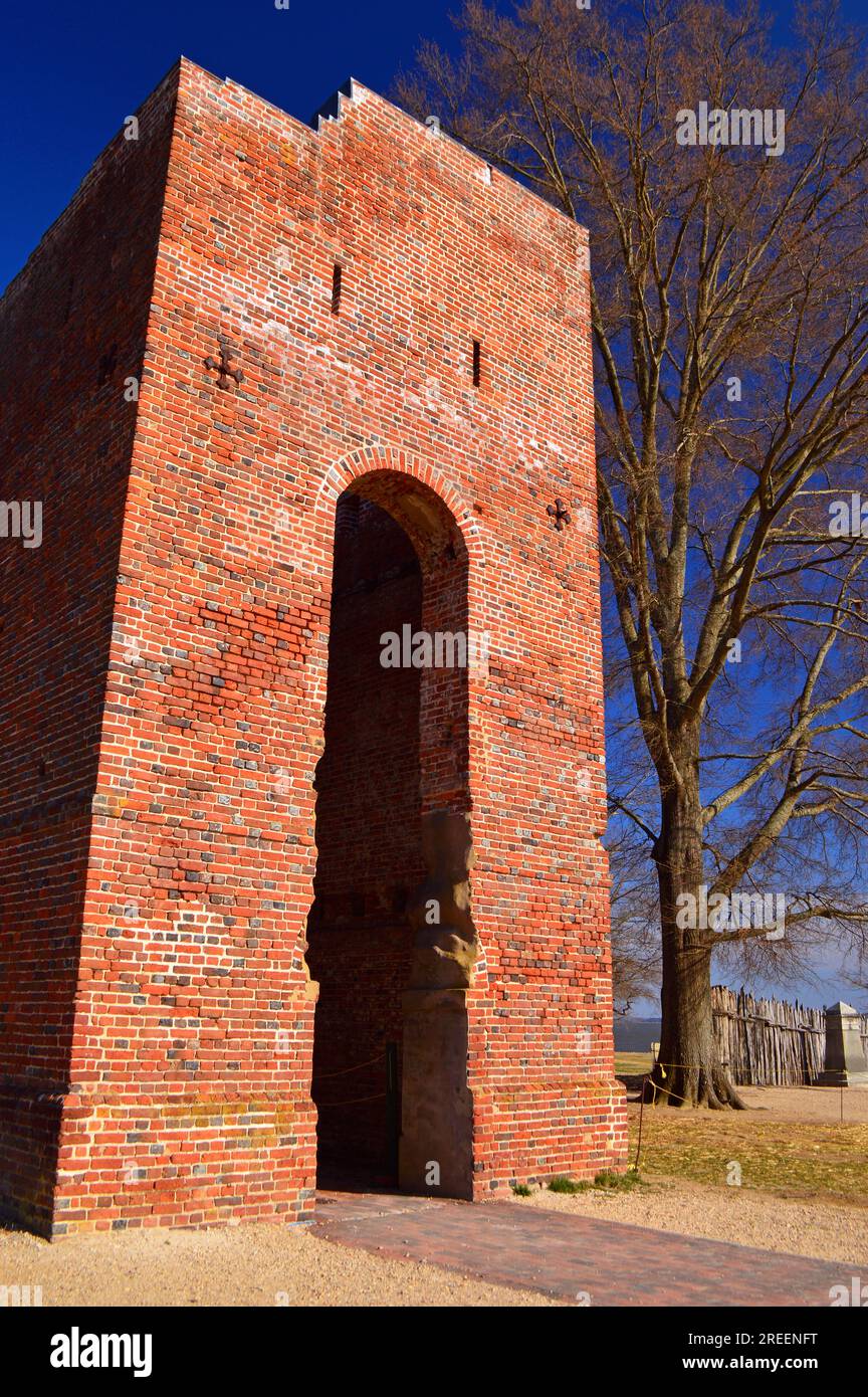 A plain brick church stands on the original Jamestown settlement in Virginia Stock Photo