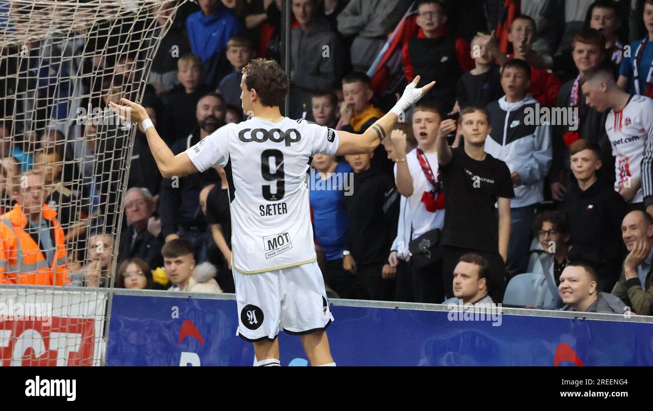 Seaview Stadium, Belfast, Northern Ireland, UK. 27 Jul 2023. UEFA Europa Conference League Qualifying Round Two (first leg) – Crusaders v Rosenborg. Action from tonight's game at Seaview.(Crusaders in red). Rosenborg go 2-1 ahead following a penalty by Ole Saeter (9). Credit: CAZIMB/Alamy Live News. Stock Photo