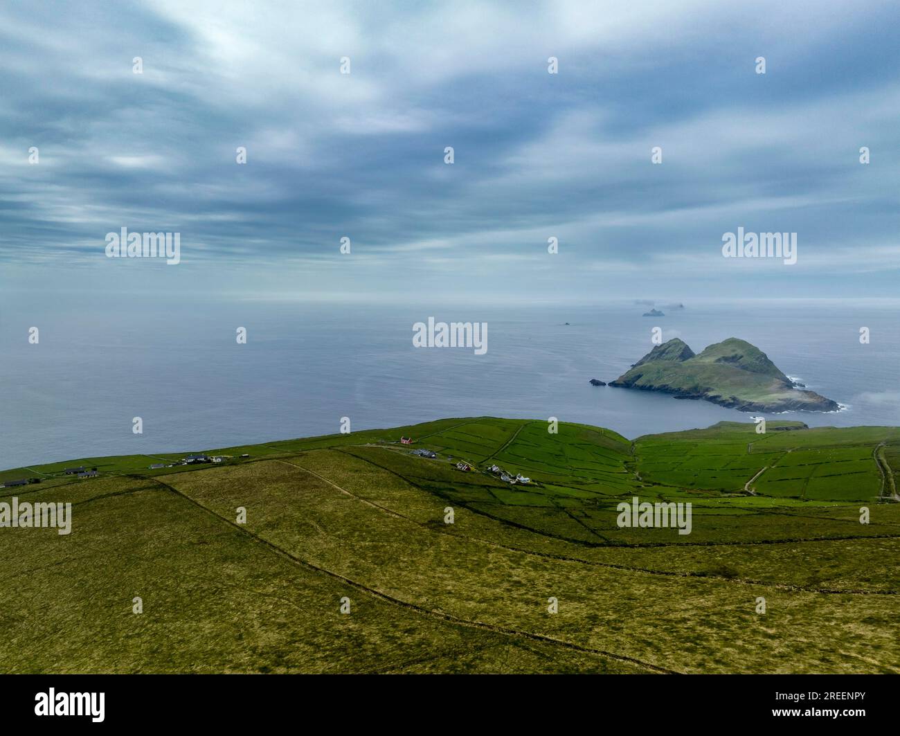 Coast with Puffin Island and Skellig Islands, Ring of Kerry, drone shot, Moyrisk, Co. Kerry