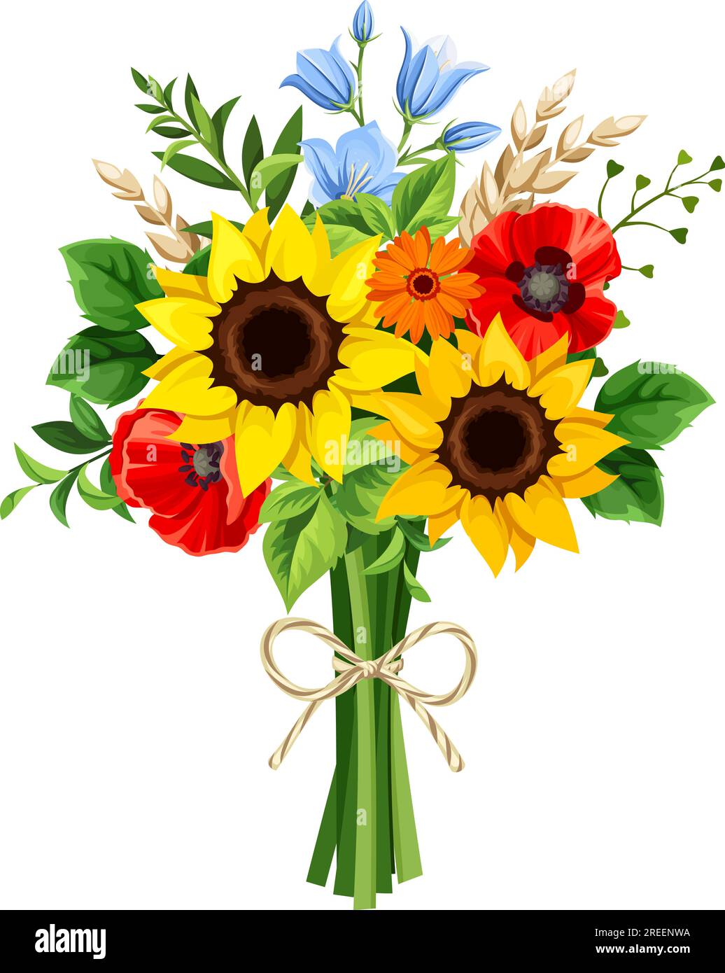 Bouquet of sunflowers, poppy flowers, and bluebell flowers isolated on a white background. Vector illustration Stock Vector